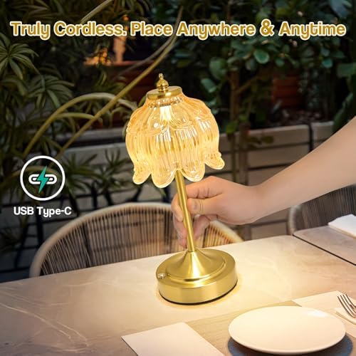 Cordless Table Lamp, Rechargeable Amber Glass Lotus Flower Lamp - Image 2