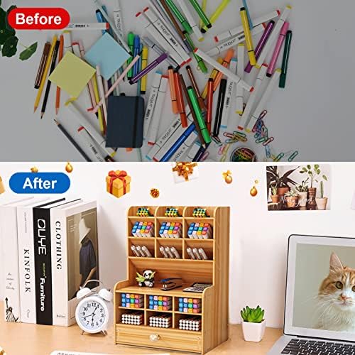 Marbrasse Wooden Desk Stationary Organizer, Multi-Functional Pen Holder, Storage Rack for School Home Office Art Supplie (B16-Cherry Color) - Image 2