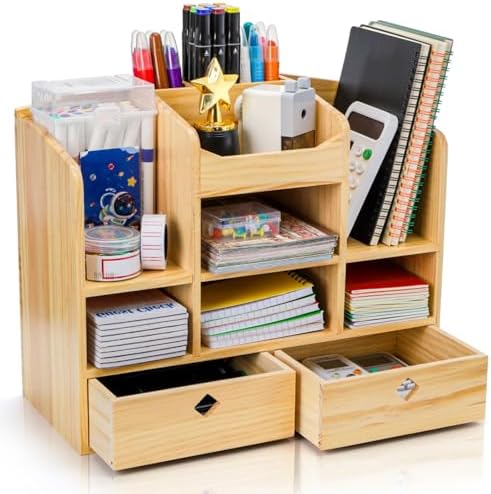 Wooden Desk Organizer with Drawers, 10 Compartments by Acshio