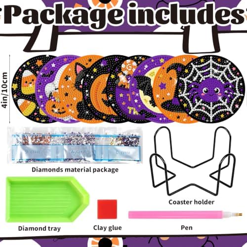 8 Pcs Halloween Diamond Art Coasters Cute Cat Spider Pumpkin Bat Ghost Diamond Art Painting Coasters with Holder DIY Crafts Kits for Halloween Party Decor Gift - Image 2