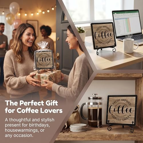 Coffee Bar Sign, Fresh Brewed Coffee Served Daily Sign, 5x5 Wood Plaque with Iron Stand, Kitchen Cafe Tabletop Decor – A05 - Image 6