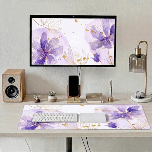 Purple Desk Mat, Aesthetic Floral Large Mouse Pad, 35.4 x 15.7 Inch XXL Keyboard Mat Non-Slip Waterproof Desk Pad, Full Desk Protector for Women Office Home (Purple) - Image 2