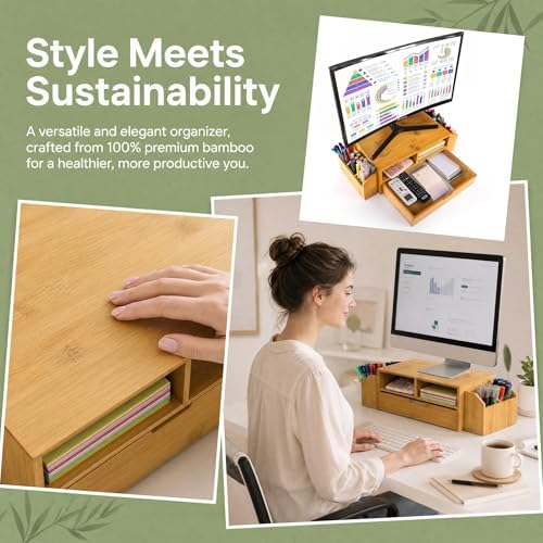 Hiceeden 2 Tier Bamboo Desktop Organizer, Desk Monitor Stand Riser with 1 Drawer and 2 Pen Holder, 2 Compartment Computer Desk Storage Organizer for Laptop, Printer - Image 5