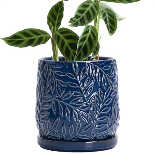 D'vine Dev Embossed Leaves Ceramic Planter, 6 in, Midnight Blue, 27-A-X-3 by DvineDevPlanterPotsandStand