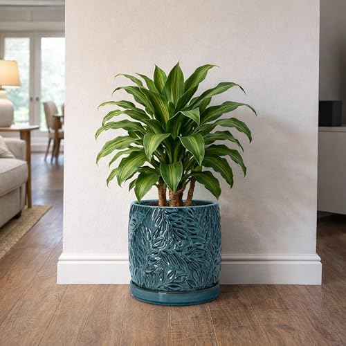 D'vine Dev Embossed Leaves Ceramic Planter, 10 in, Ocean Teal, 27-A-P-8 - Image 5
