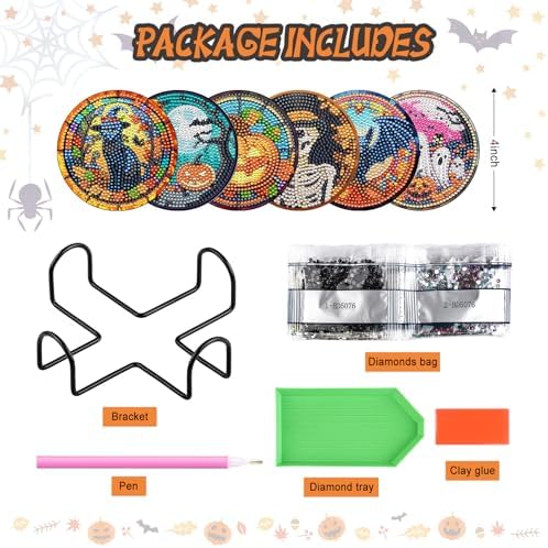 Zynlio Halloween Diamond Paintings Coasters Kits Set with Holder, Halloween Diamond Art, DIY Diamond Crafts Coasters for Adults, Diamond Art Painting Kits for Women, Beginners, Diamond Craft Supplies - Image 2