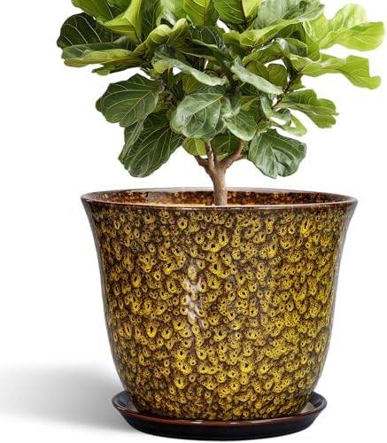 12 Inch Plant Pot - Ceramic Pots for Plants with Drainage Hole and Saucer, Round Planter for Indoor Outdoor, Large Flower Pots, Modern Planter, Patio House Decor, Plant Lovers Gifts, Yellow by SUNPOTFOR