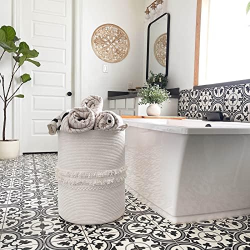 CherryNow 70L Woven Rope Laundry Basket with Tassel, 16" x 22", White - Image 6