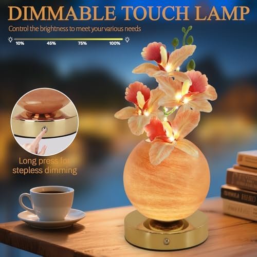 Flower Table Lamp, 3 Colors Orchid Night Light, Cordless Touch Dimming Artificial Flower with Vase Lamp, LED Desktop Decorative Landscape Lights for Festival Party Home Decor (Champagne Orchid) - Image 3