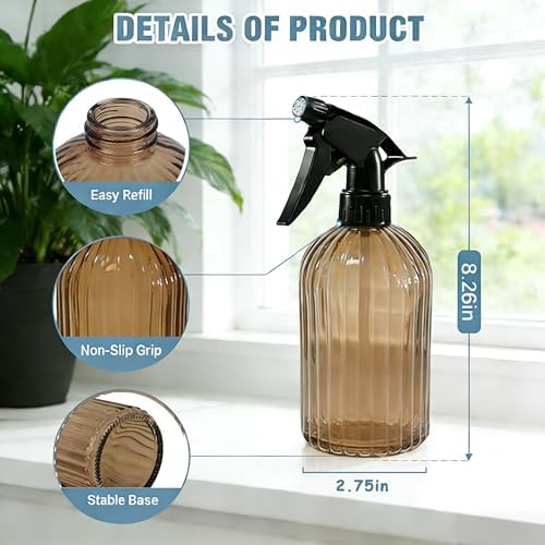 Brown Ribbed Glass Plant Spray Bottle 2 Pack, 13.5oz Adjustable Nozzle - Image 4