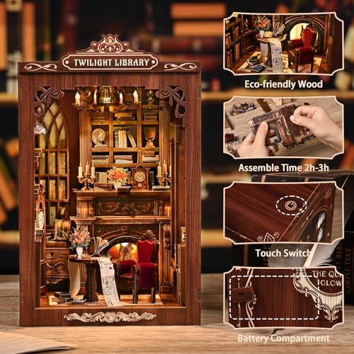 DIY Miniature House Kit, Library Book Nook Kit, 3D Wooden Puzzles Bookshelf Craft Kits, Dollhouse Kit with LED Light, Mini Building Kit for Adults Teen to Build (Twilight Library) - Image 3