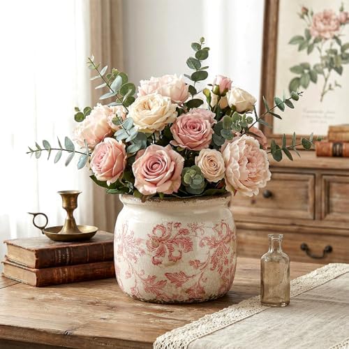 5.9'' Vintage Ceramic Planter, Ice Crack Glaze Pink Floral Pot - Image 4