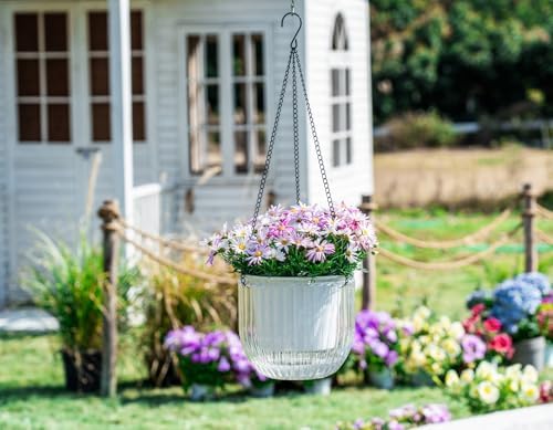 Melphoe 2 Pack Self Watering Hanging Planters Indoor Flower Pots, 8.3 Inch Outdoor Hanging Basket, Plant Hanger with 3Hooks Drainage Holes for Garden Home (White) - Image 2