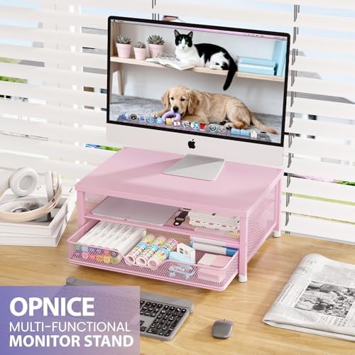 OPNICE Computer Monitor Stand Riser, Desk Organizer with Drawer, Printer & Laptop Stand, Office Desk Accessories & Workspace Desktop Organizers Storage for Office Supplies(Pink) - Image 3