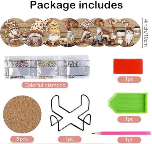 Clendo 8 Pcs 5D Diamond Art Coasters Kits with Holder, Gnome Coffee Diamond Painting Coasters Set for Adults, Small Mini Diamond Dots Kit for Beginners DIY Art Craft Home Decor - Image 2