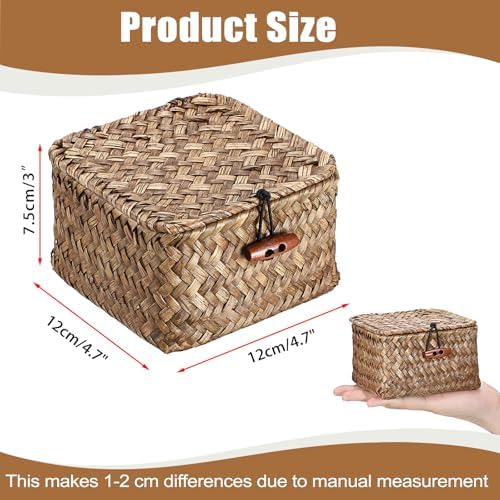 Hipiwe Handwoven Seagrass Basket Bin Small Decorative Shelf Basket Boxes with Lid Wicker Storage Baskets Bins Multipurpose Table Organizer for Key Home Decor, 4.7"L x 4.7"W x 3"H - Image 3