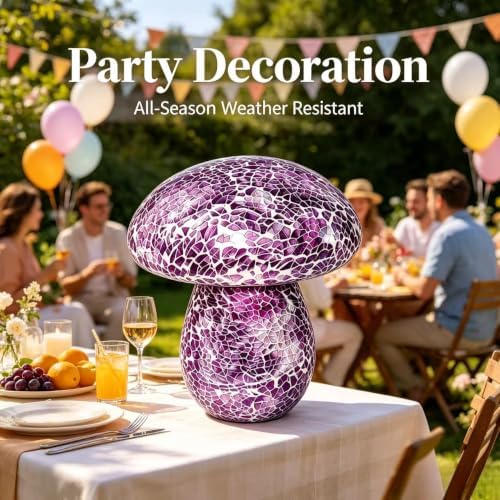Mosaic Mushroom Table Lamp, Handmade LED Night Light, Battery‑Operated Cordless Desk Decor, Purple - Image 2