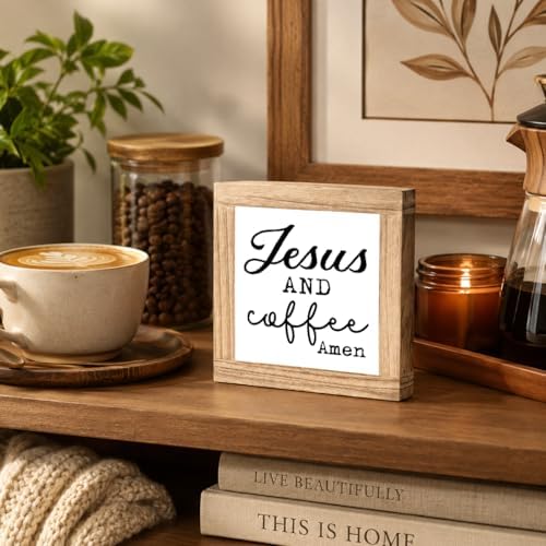 Coffee Bar Decor Wooden Sign, Jesus And Coffee Amen Tabletop Plaque, Farmhouse Kitchen Counter Shelf Decor, Rustic Coffee Station Wood Sign For Home, Christian Coffee Lover Gift, 5.9 x 5.9 in - Image 5