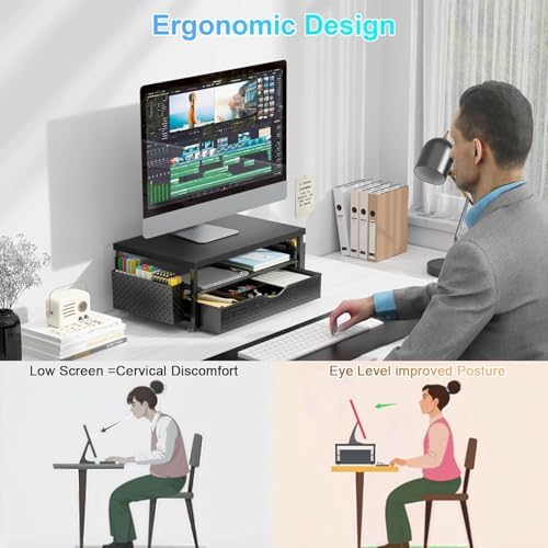 gianotter Desk Organizers and Accessories, Monitor Stand with Drawer and 2 Pen Holder, Desktop Organizer Suitable for Offices and Dormitories (Matte Black) - Image 2