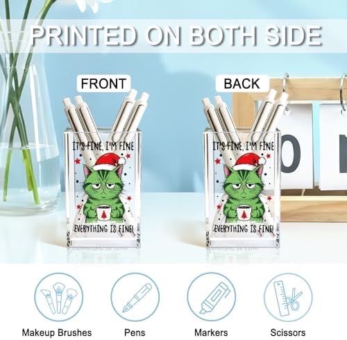It's Fine I'm Fine Everything Is Acrylic Makeup Brush Pencil Holder Cup, Funny Cat Pen Holder Gifts For Friends HR Nurse, Christmas Office Gifts for Women Coworker, Pencil Cup for Desk - Image 3