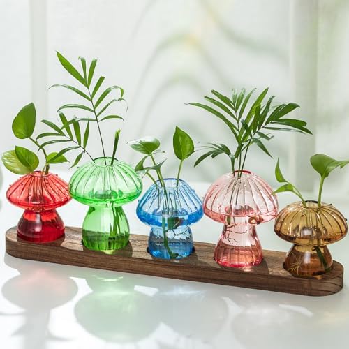 Hewory Plant Propagation Station: 5PCS Colored Mushroom Vase with Wood Tray by Hewory