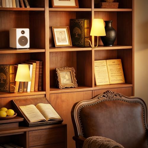 AELS Vintage Bookshelf Lamp with Bulb, Cordless Rechargeable Touch Dimmable Table Lamp with Linen Shade, Modern Bookend Lamp for Bedroom, Office & Bookshelf Decor, Tree of Life Black & Gold - Image 5
