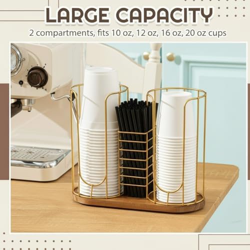 Geelin 18oz Adjustable Coffee Cup Dispenser with Wooden Base, Cup and Lid Holder, Cups Holder Organizer for Coffee Pod Straw and Lid Storage(3-compartment Single,Color 2) - Image 3