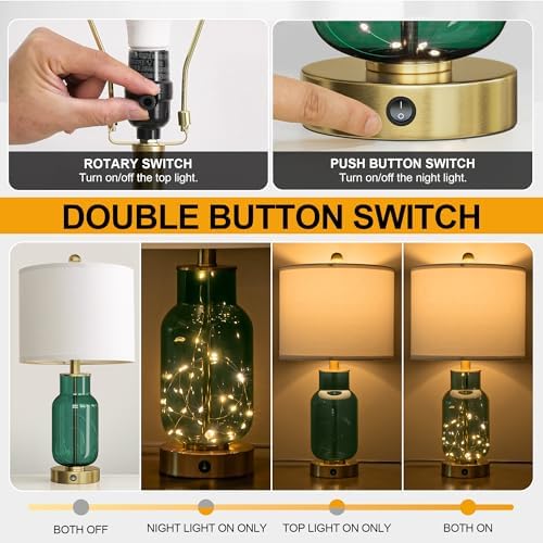 Oneach 22" Glass Table Lamps Set of 2 with Night Light for Bedroom, Green - Image 4