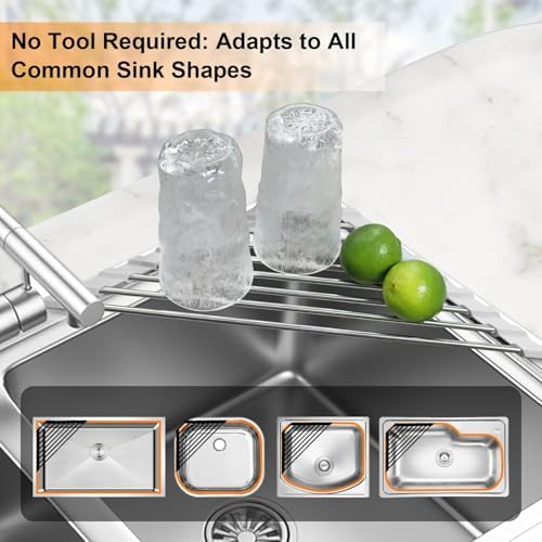 Corner Sink Caddy Triangle Dish Drying Rack for Sink Corner, Sponge Holder Roll Up Dish Drying Rack Over The Sink, Stainless Steel Kitchen Sink Organizer Drainer Mat Sponge Caddy for Counter Storage - Image 2