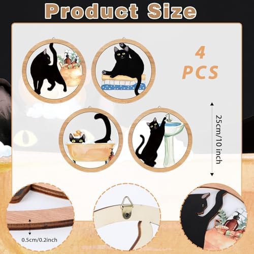 HPNIUB Funny Bathrooms Wall Decor, Black Cats In the Bath Wood Sign, 4 Pieces 10''x10'' Farmhouse Wooden Hanging Sign for Toilet Powder Room Restroom Wall Decoration, Lovely Cat Gifts - Image 2