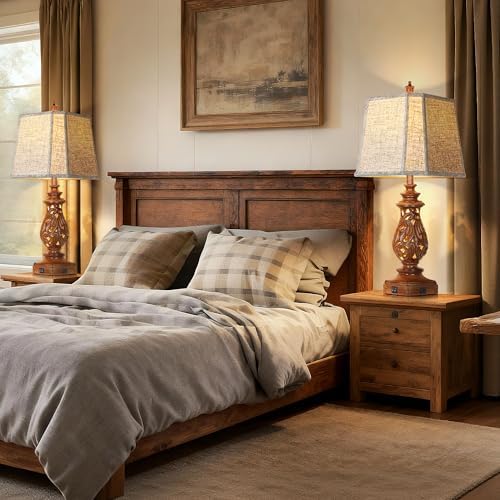PARTPHONER 29" Table Lamps Set of 2, Bedside Lamps with USB A+C Ports & Night Light, Farmhouse Nightstand Lamps with Linen Fabric Shades for Bedroom Living Room, Wood Grain (LED Bulbs Included) - Image 5