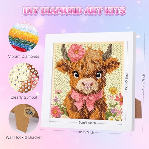 GHHKUD Highland Cow Diamond Art Painting Kits for Adults with Frame, Diamond Art Animals Crafts for Ages 4-6-8-12, Easy to DIY Gem Painting Gifts Home Wall Deco 15x15cm (Beautiful Packages) - Image 2