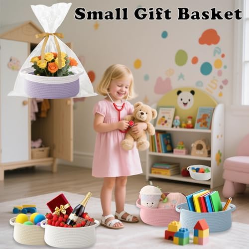 Woven Rope Basket-Baby Gift Basket with Bag & Ribbon, White&Purple - Image 4