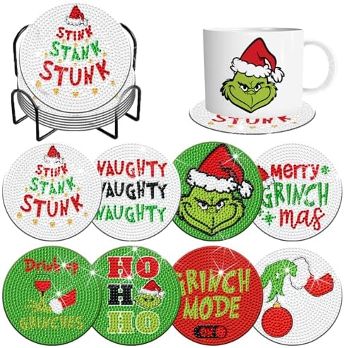 8 Pcs Christmas Diamond Art Painting Coasters Christmas Letter Coasters Funny DIY Diamond Coasters Kits with Holder Diamond Craft Painting Kits Supplies for Winter Gift by Demonwer