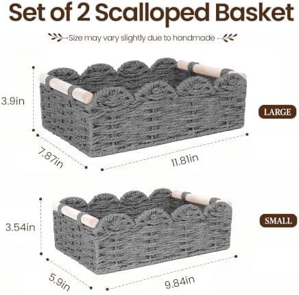 iEGrow Paper Rope Small Storage Baskets for Organizing, Set of 2 Scalloped Edge Wicker Basket with Wooden Handles Toilet Paper Basket for Over Toilet Storage Shelf, Home Decor, Living Room (Grey) - Image 2