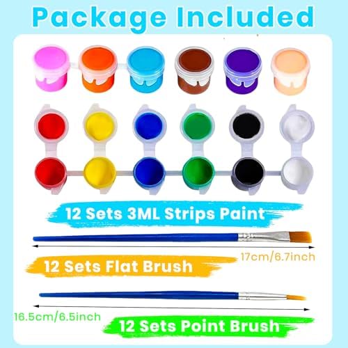 12 Pack Mini Acrylic Paint Set, 12 Colors Washable Acrylic Paint Strips with 24Pcs Painting Brushes for Kids&Adults Paint, 168 PCS Kids Painting Kit for Birthday Party Favor, Classroom, Art Gift - Image 2