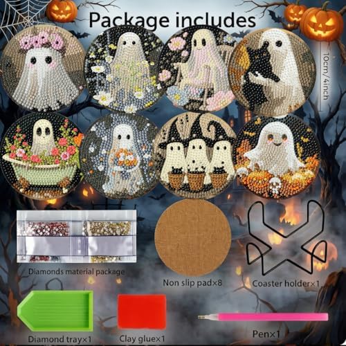 LWZAYS 8 PCS Halloween Ghost Diamond Art Coaster Kits with Holder - Horror Diamond Painting for Adults Beginners - 5D Gem Art Dots Paintings with Cork Pads - Crafts Supplies - Image 2