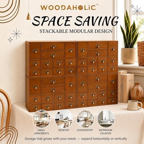 Modular Apothecary Cabinet with 48 Drawers I Stackable Library Card Catalog Organizer, Solid Wood Desktop Storage with Metal Label Holders for Makeup, Crafts, Oils, Tea & Office Supplies - Image 2