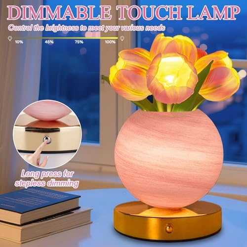 Tulip Table Lamp, Rechargeable Cordless Touch Dimming Artificial Tulip Flower Desk Lamp, LED Flower Bedside Night Light Romantic Gifts for Girl Women Mom (Pink Tulip) - Image 3
