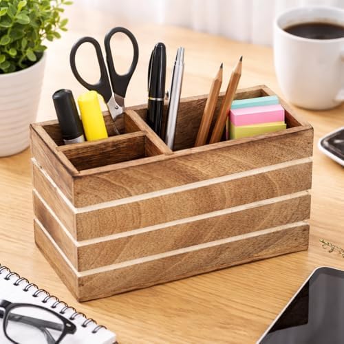 Hashcart Pen Holder Pencil Holder - Wood Pen Cup Pencil Cup for Desk - Office Desk Organizer - Makeup Brushes Holder - 3 Compartment Caddy for Home and Office by Hashcart
