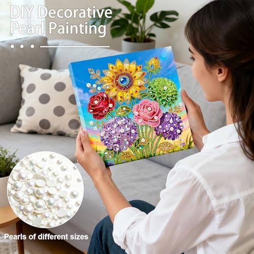 LQCrafK DIY Pearl Art Painting Handcraft Kit for Adults Beginners, Healing Stress-Relieving Home Wall Creative Design Decoration, Framed Painting with Tools-Flowers - Image 2