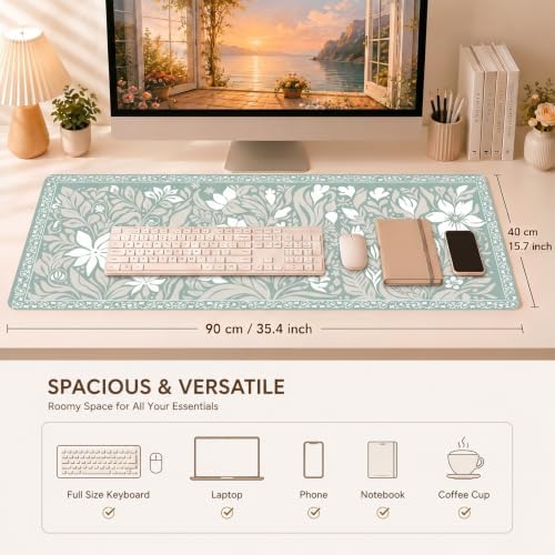 Vintage Botanical Desk Mat, 35.4 x 15.7 Inch XXL Sage Green Mouse Pad - Image 3