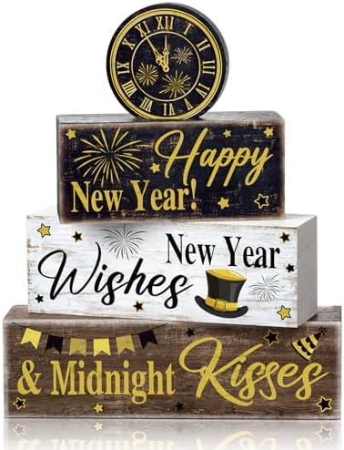 Moucuny 4 Pcs New Year Table Decorations, Happy New Year Wood Block Sign by Moucuny