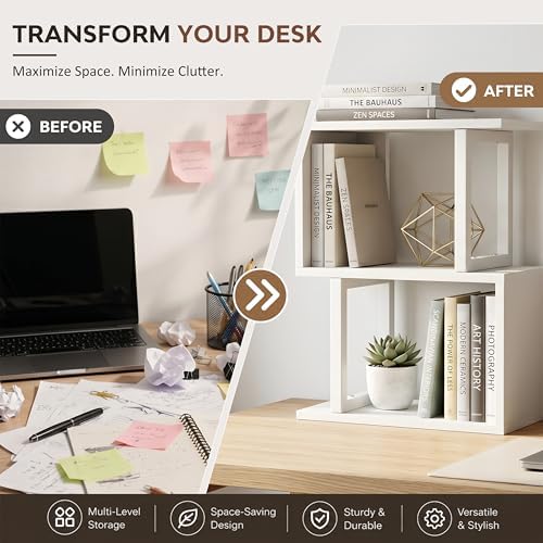 Desk Shelf Organizer, Small Desktop Bookshelf Wood, White - Image 6