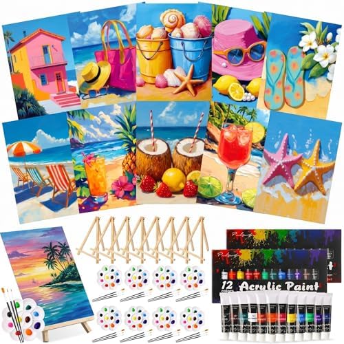 Ctosree 72 Pcs Hawaii Paint and Sip Kit for Adults 8'' x 10'' Pre Drawn Canvas for Painting DIY Pre Printed Canvas for Party Favor Acrylic Painting Kit Wood Easel Brushes Date Night Bulk by Ctosree