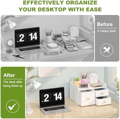 Bamboo Desk Organizer - Stackable, No Assembly Required, Ideal for Office/Home Use - Perfect for Toiletries, Stationery, Accessories. (White, Square drawer to the left of the fence) - Image 6