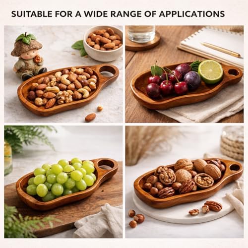 Solid Teak Wood Serving Tray - 12.2" Handcrafted Curved Platter with Handle for Entryway Key Catchall, Kitchen Coffee Station & Party - Image 7