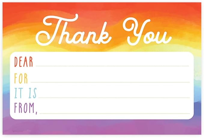 Andaz Press Kids Fill in the Blank Thank You Cards - 20 Cards Including Envelopes Watercolor Rainbow Gender Neutral Note Cards For Boys Girls Birthday Thank You Notes for Friends, Family Party Guests