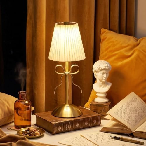 Liliful 2 Pcs Cordless Table Lamp LED Touch, Gold, Beige Cloth Style Bow - Image 5