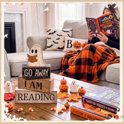 Moucuny 4 Pcs Halloween Table Decor Wooden Ghost Reading Stacked Block Sign - Image 4